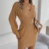 Autumn Winter Women's V-neck Sweater Dress Solid Color Hollow-out Lantern Sleeves Knitted Bodycon Dress