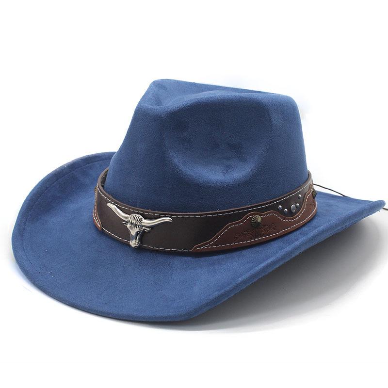 Retro Bull Head Western Cowboy Hat Men And Women, Tibetan Suede Jazz Hat, Big-Brimmed Top Hat