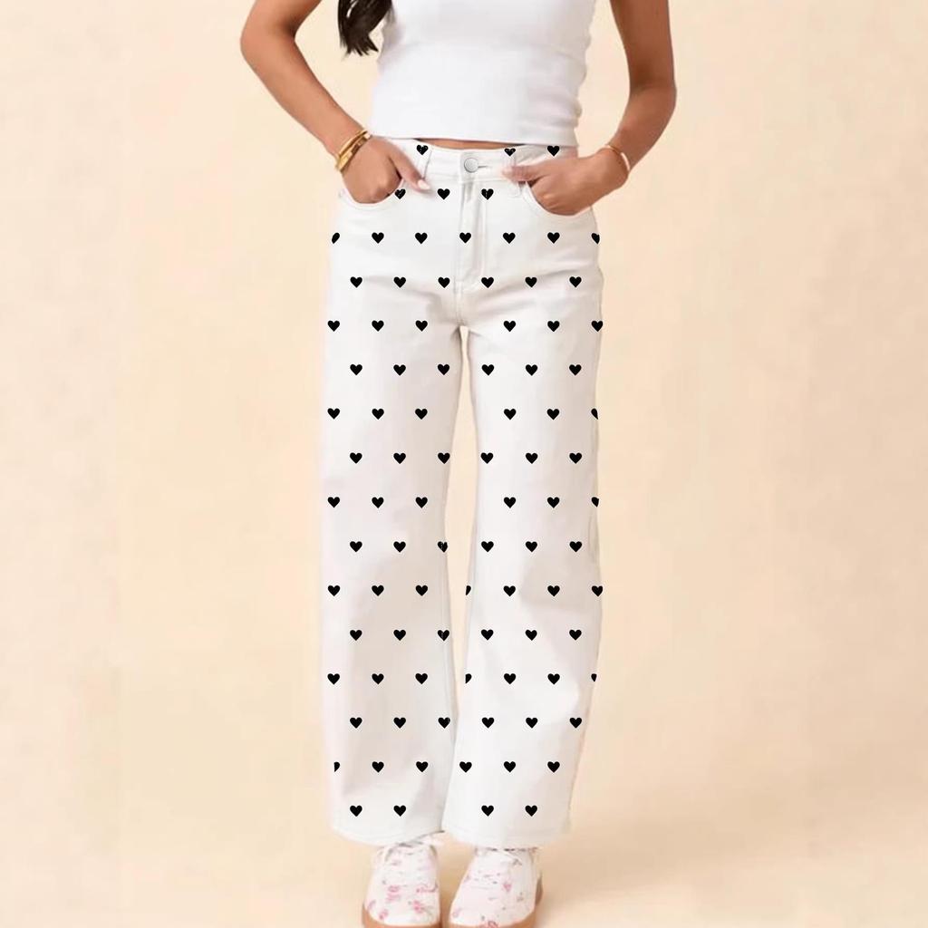 Women's White Heart Denim Pants - High Stretch, Slim Fit, Wide Leg