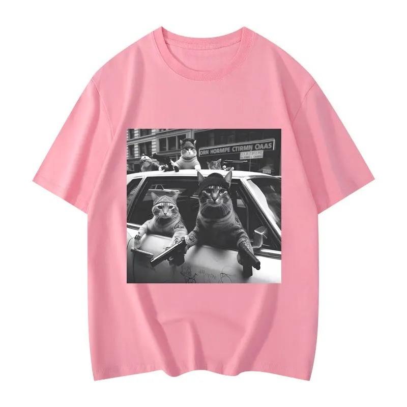 2025 Autumn and Winter American Men's and Women's Fun Cat Print T-shirt Pure Cotton Round Neck Comfortable High-quality T-shirt