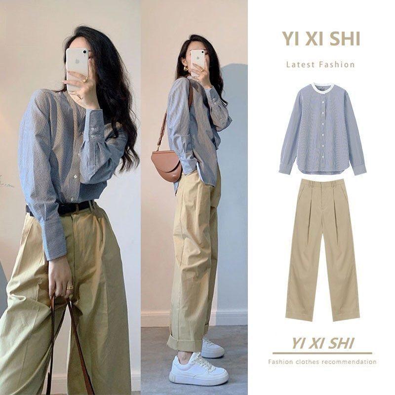 

Ранньоосінній двокомпонентний костюм у гонконгському стилі: Ніжний корейський комплект сорочки та штанів широкого крою для жінок S