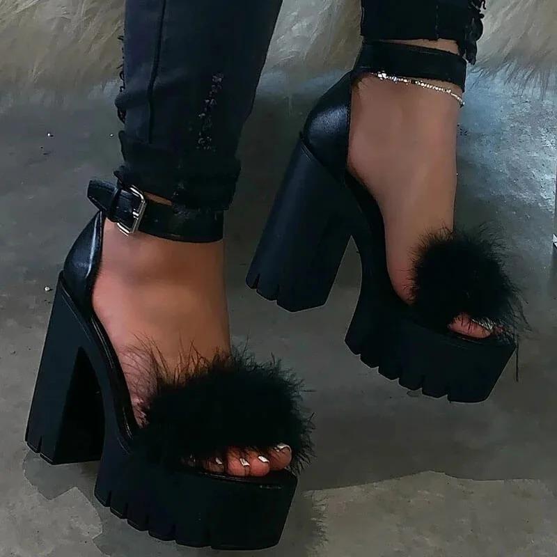 New Women Summer Collection Colorful Fluffy Coarse Heel Fashion Buckle High Heel Women's Square Heel Sandals