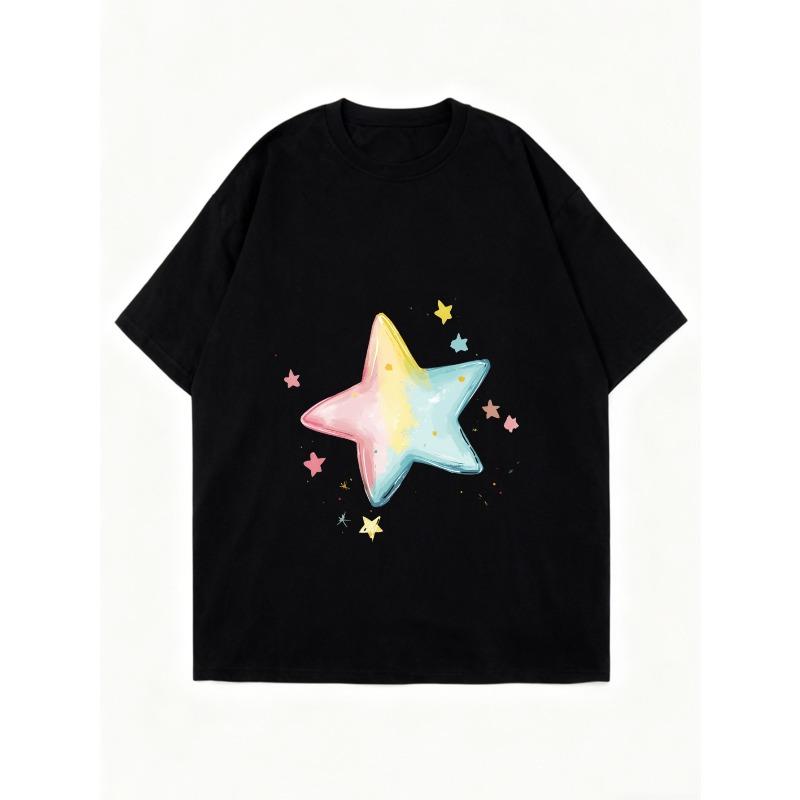 Oversize Women's Short-Sleeve T-Shirt with Pink-Yellow-Blue Gradient Star and Colorful Little Stars Print