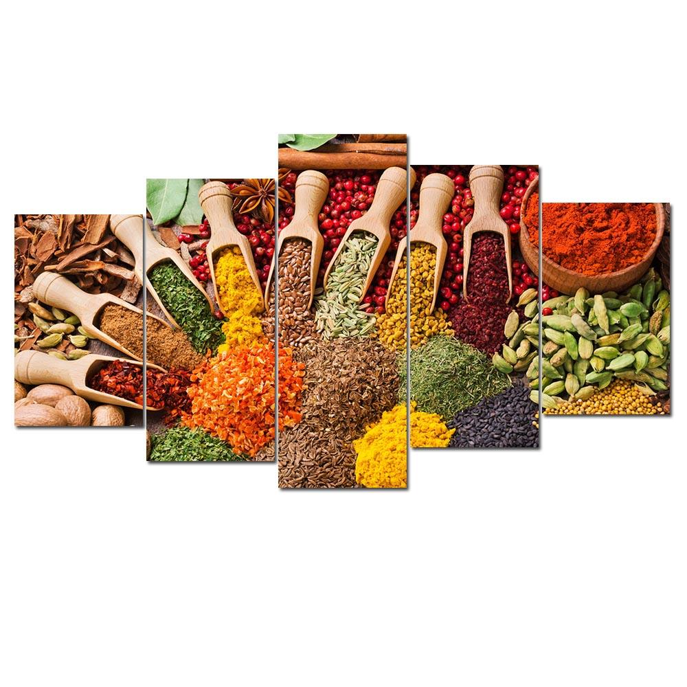 

5 шт., зерно, специи, ложка, перец, холст, картина, украшение для кухни, постеры, принты, настенные художественные фотографии для столовой, домашний декор 20x35cm*2 20x45cm*2 20x55cm*1