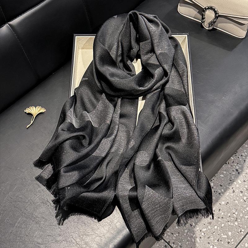 Scarf for Women New Style Elegant and Versatile Printed Long Scarf  Imitation Silk Scarf  Double-sided Gold Wire Sunscreen Shawl