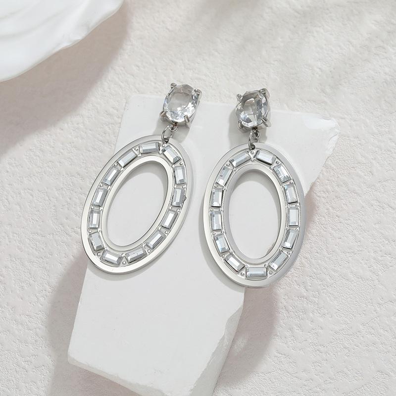 Geometric Oval Hollow Diamond-Studded Titanium Steel Earrings for Square and Round Faces