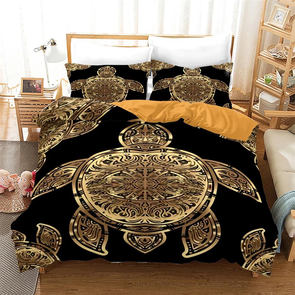 Sea Turtle Duvet Cover for Children Boys Girls Adult Black Gold Tortoise Reptile Theme for Bedroom Decorations Queen King Size