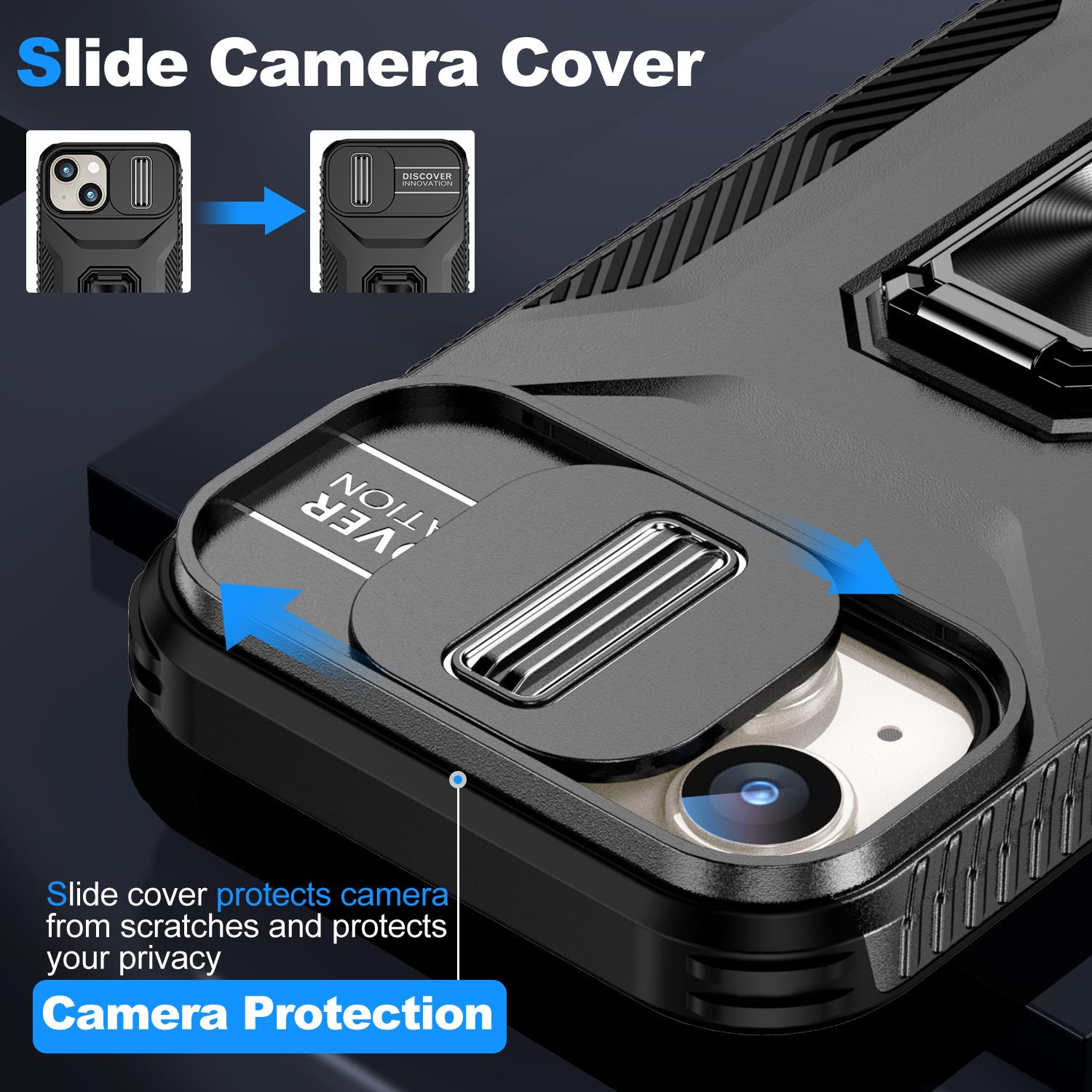 

For iPhone 15 Case Camshield Kickstand TPU+PC Anti-Slip Phone Cover Black