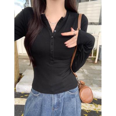 Best-Selling American Retro Black V-Neck Long-Sleeve Slim Fit Shirt