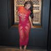 Wind Fashionable and Sexy Hollow Perspective Tight Dress New Spice Girl Flame Detail Fishing Net Round Neck Long Dress