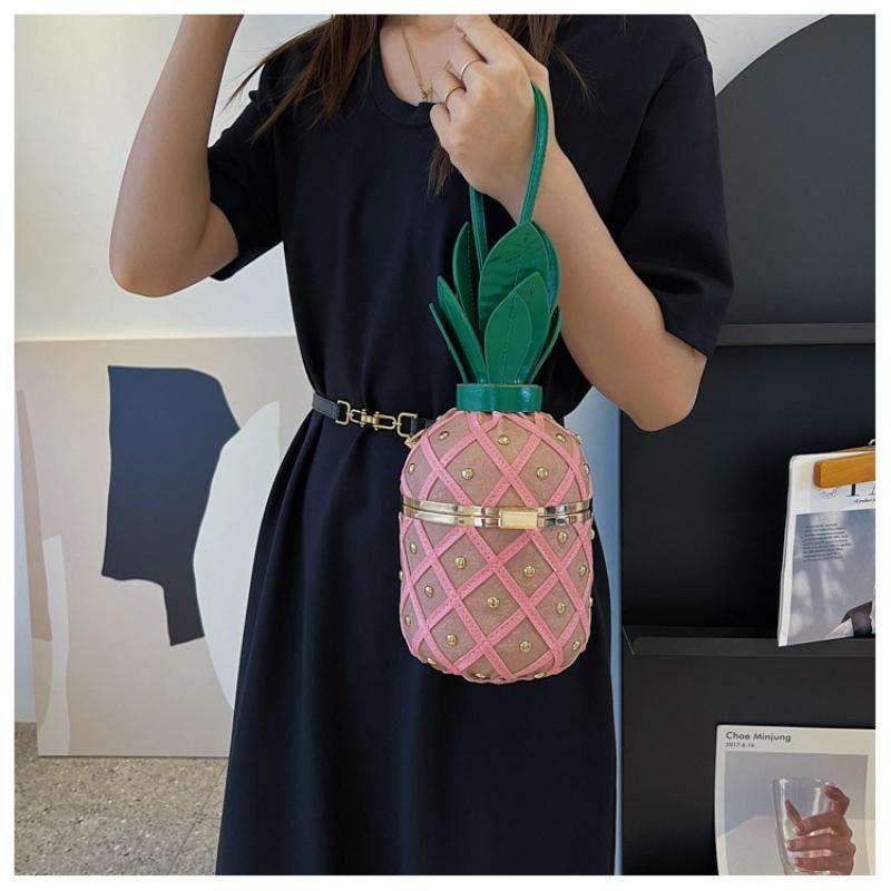 Nuova Borsa a Tracolla da Donna Personalizzata a Forma di Ananas Piccola Fresca per Ragazza Adolescente Singola Spalla Stile Straniero Intrecciata con Borchie e Catena Chiusura Borsa Rotonda