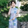 Womens Modern Chinese Style Sleeveless Long Cheongsam Dress With Grid Stand Collar Round Placket 2026