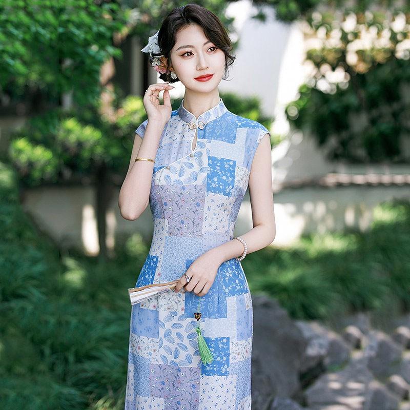 Womens Modern Chinese Style Sleeveless Long Cheongsam Dress With Grid Stand Collar Round Placket 2026