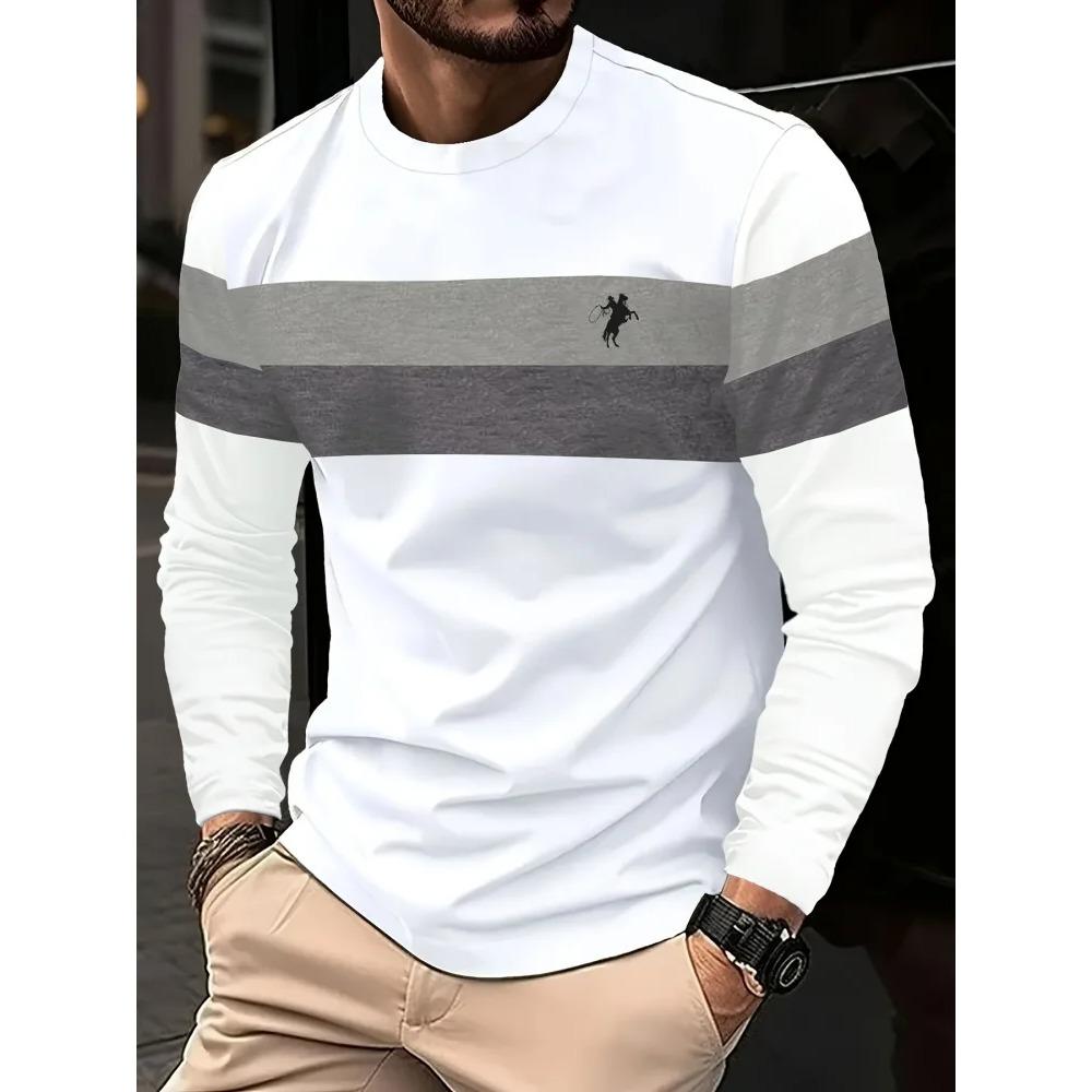 Men's Casual Long-sleeved Striped Eagle Emblem Breathable Round Neck Fashionable Comfortable Soft Breathable Minimalist Daily T-shirt