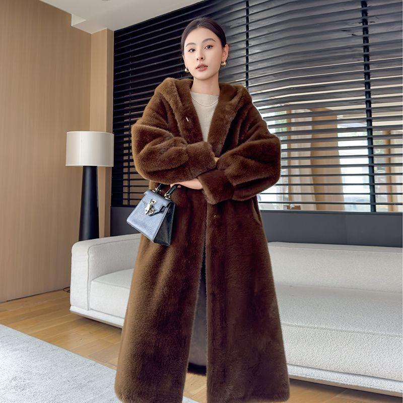 Winter New Warm Jacket Velvet Mink Coat Women's Whole Mink Environmentally Friendly Mink Fur Mid-length Coat