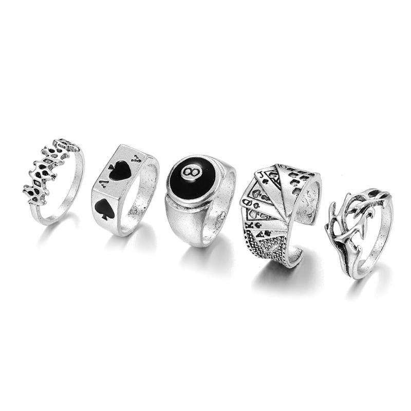 5 Pieces Punk Poker Billiards Rings for Women Funny Goth Hip Hop Retro Fashion Male Couple Birthday Festival Jewelry
