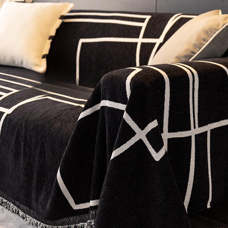 Chenille Sofa Cover Cloth Four Seasons Universal Black Stain-Resistant Sofa Towel Simple Modern Geometric Line Sofa Cover