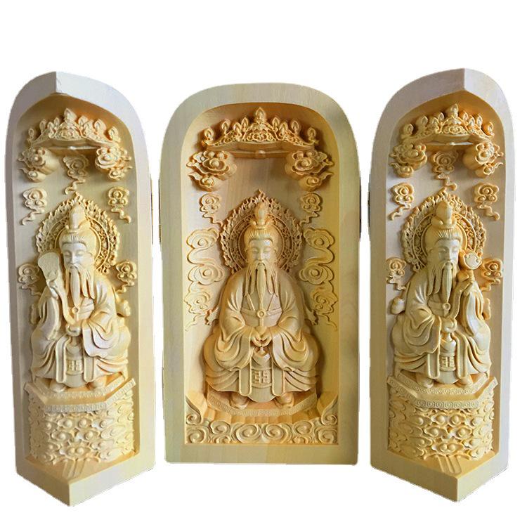 Boxwood Carved Western Shakyamuni Three Saints Guanyin Buddha Wooden Handicraft Ornament