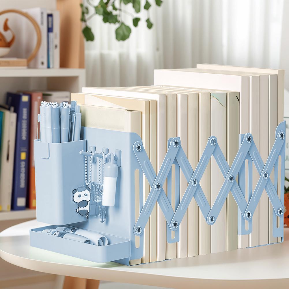 Retractable Desktop Bookstand with Basket & Hook Folding Table Bookshelf Wear Resist Modern Metal Book Holder Office Accessories