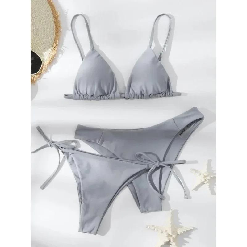 Bikini Sexy 3 Pezzi Donna Monocolore Fascia Divisa Triangolo Costume da Bagno Biquini Brasiliano Femminile Costume da Bagno Estivo per Vacanze in Spiaggia