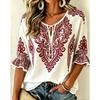 Damen Mehrfarbiger Print Krawattenfront V-Ausschnitt 3/4 Rüschenärmel Lockere Bluse, Lässiges Tägliches Oberteil