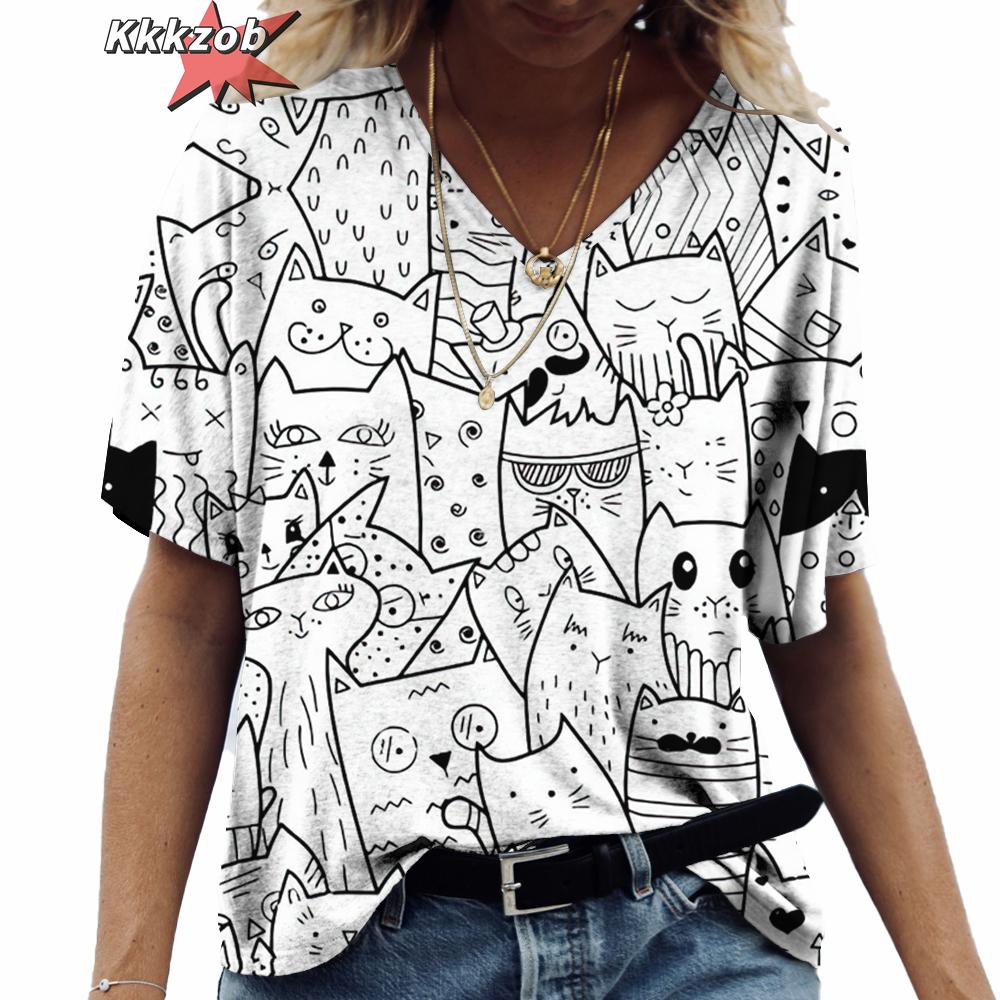 Anime Katzen-Print Damen T-Shirt 2024 Mode Harajuku Kleidung V-Ausschnitt Übergroß Kurzarm T-Shirts Damen Casual Streetwear Bluse