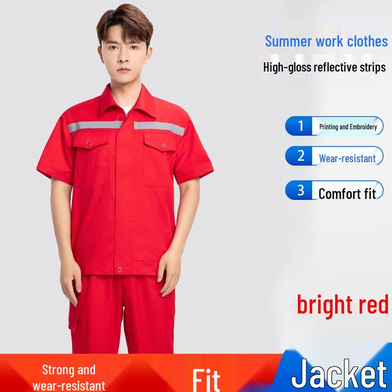 Summer Lightweight Polyester Cotton Reflective Workwear Set - Long Sleeve Protective Clothing for Construction and Workshop Use.