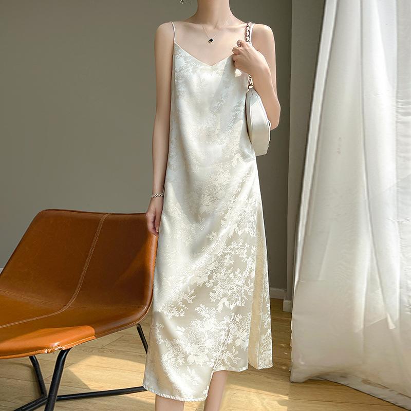 New Summer Acetate Satin Suspender Dress for Women V-neck Solid Color Printed Temperament Slim Base Sexy Long Skirt