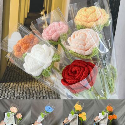 1PC Wedding Decoration Hand-woven Knit Flower Knitting Bouquet Rose Tulips Fake Flowers Bouquet