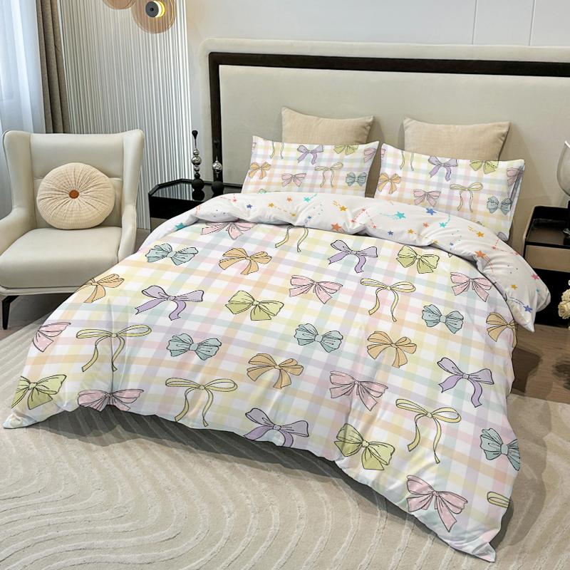 3Pc Yellow-Based Checkered Bow Tie Duvet Cover Set (1 Duvet Cover+ 2 Pillowcases) Machine Washable Quilt Protector