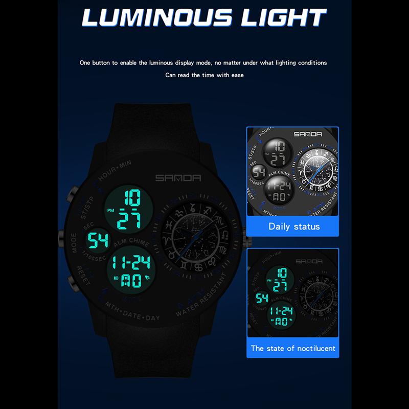 Sanda New Style Constellation Großes Zifferblatt Serie Herren Elektronische Uhr Multifunktionsuhren Mode Coole Herrenuhr