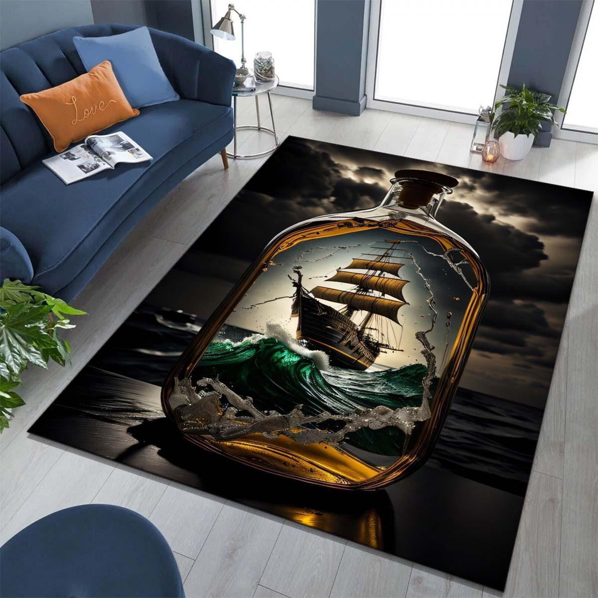 

Flannel Printed Ship in a Bottle Rug Nautical Art Design Living Room Carpet Soft Fleece Floor Mat Ocean Theme Home Decor Unique 60x90cm