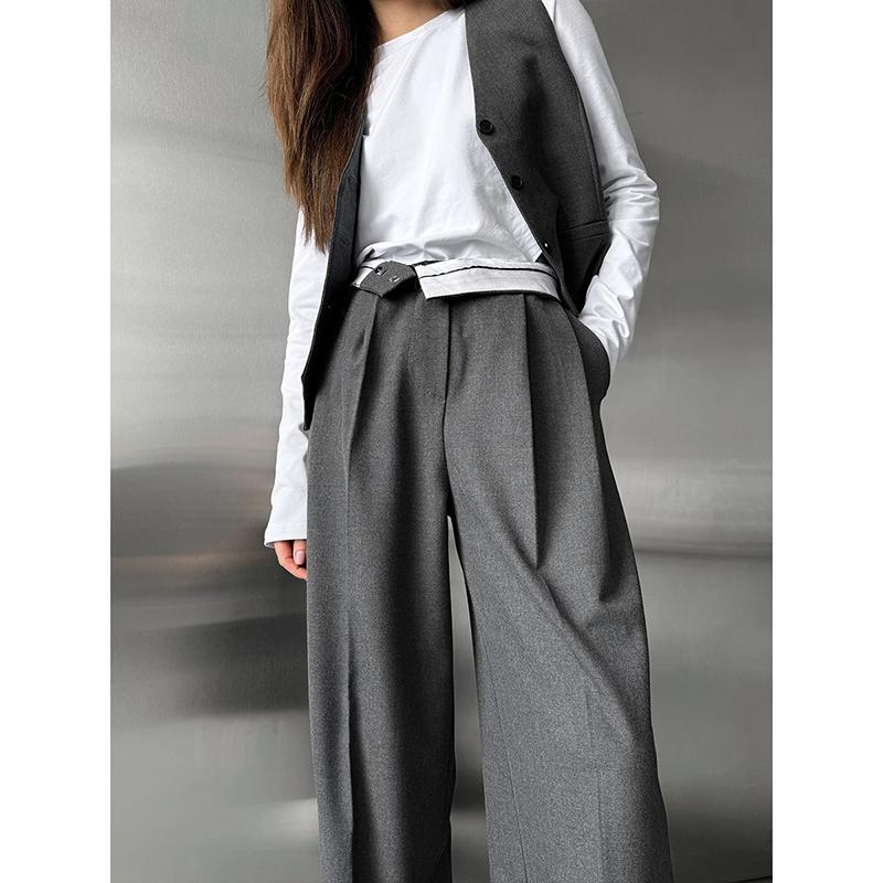High Waist Women Suit Pants Autumn Winter Fashion Straight Long Trousers Office Ladies Casual Button Loose Female Gray Pant