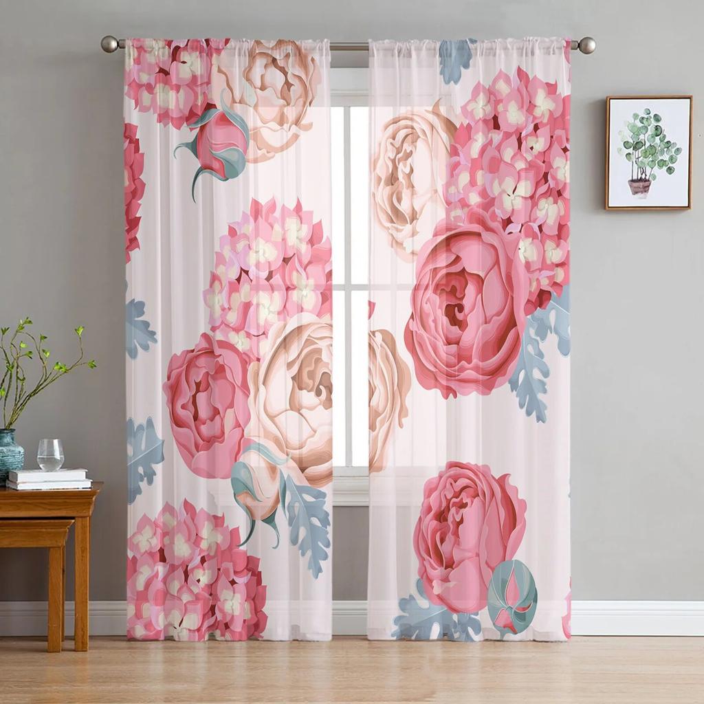 Valentine'S Day Flower Red Rose Flower Tulle Curtains for Living Room Kitchen Sheer Voile Curtain Bedroom Window Panels