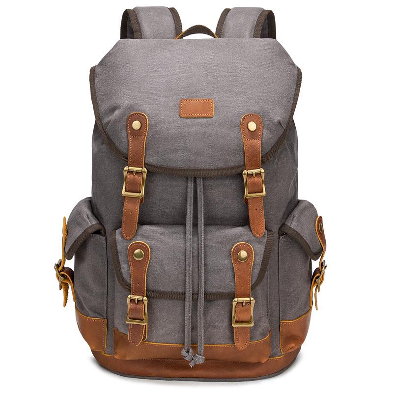 Canvas Backpack Casual Men S Backpack Retro First Layer Cowhide Outdoor Travel Waterproof Backpack серый