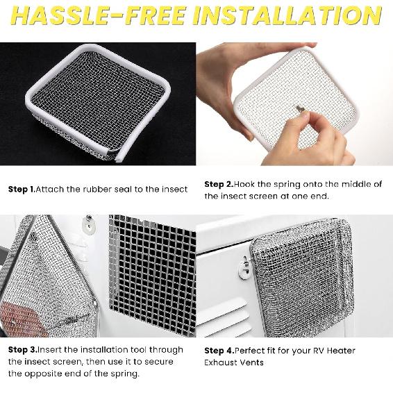 SheeChung RV Furnace Vent Screen, Flying Ect Screen Water Heater Cover For Camper, 4.5 X 4.5 X 1.3 Inch, Stainless Steel Screen With Tallation Tool &