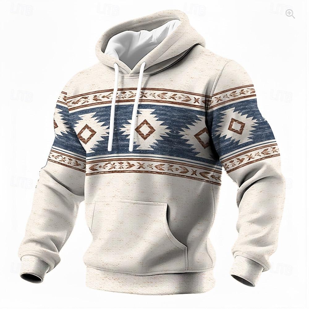 Мужская толстовка с капюшоном Southwestern Aztec Tribal Geometric Pattern, пуловер с длинным рукавом, повседневная, белая, бежевая, с карманом, одежда M