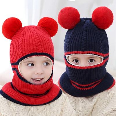 2-5year Kid's Knitted Hat Winter Thick Warm Woolen Hat  Mask Scarf One-piece