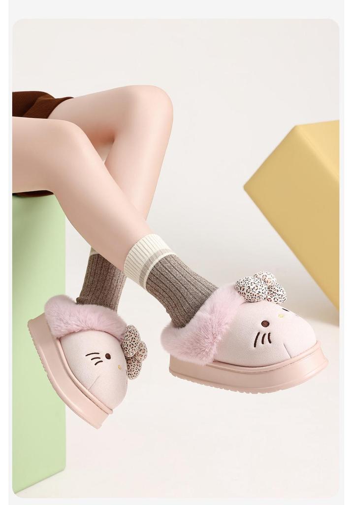 Women's Winter Bow Cat Plush Home Slippers