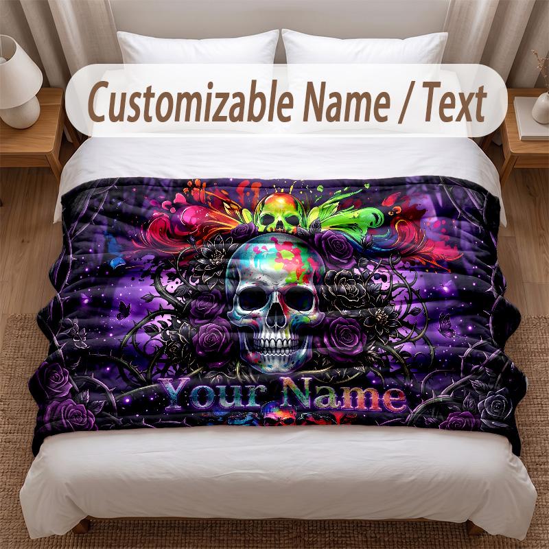 Skull Gothic Theme Soft Blanket Personalized Custom Name Text Print Warm Blanket Home Sofa Bedroom Decor