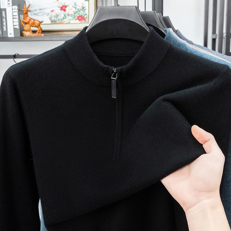 Men's Thick Wool Base Layer Sweater with Half-High Collar and Zipper - Perfect for Autumn and Winter Warmth