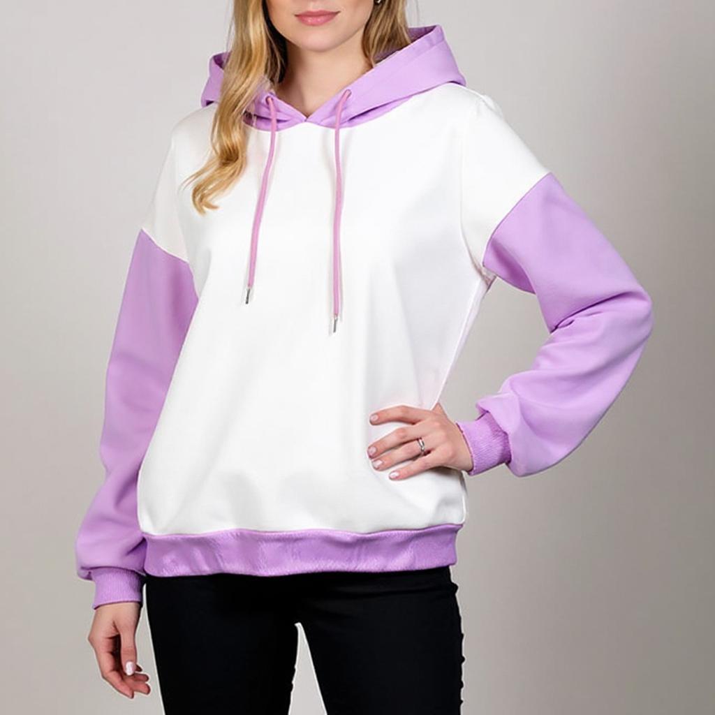Women's Fashionable Color Blocked Long Sleeved Hooded Pullover Sweatshirt Top