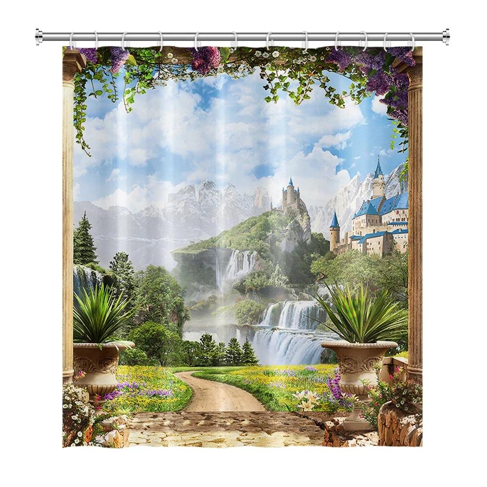 Rural Landscape Shower Curtains Creek Stone Lotus Buddha Bath Curtain Natural Scenery Waterproof Bathroom Home Decor With Hooks