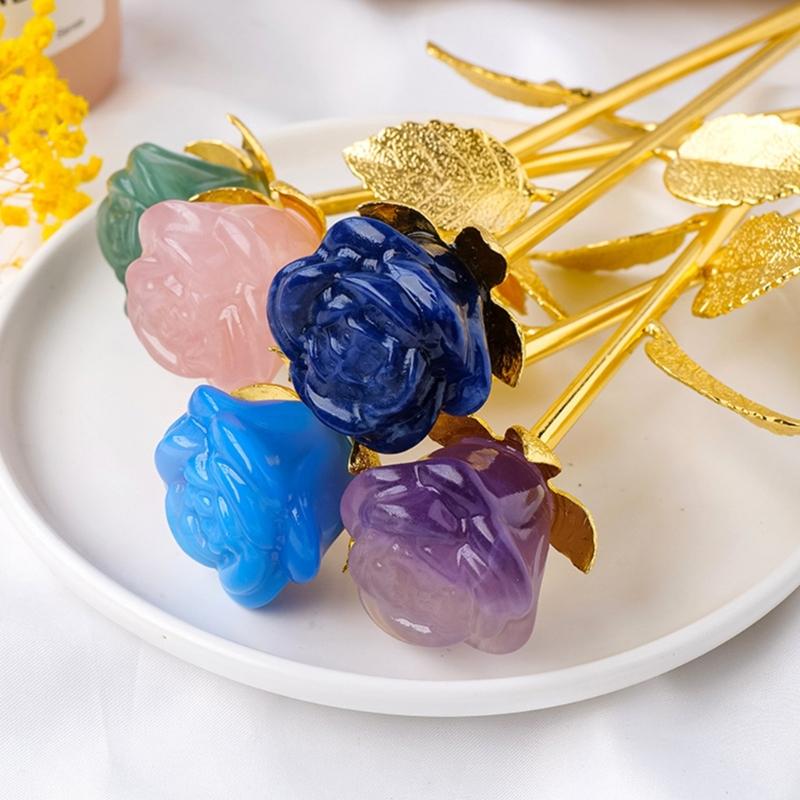 Unique Stone Rose Sculpture Gold Base Rose Adornment Stone Carved Rose Stone Texture Carving Ornament for Gifting