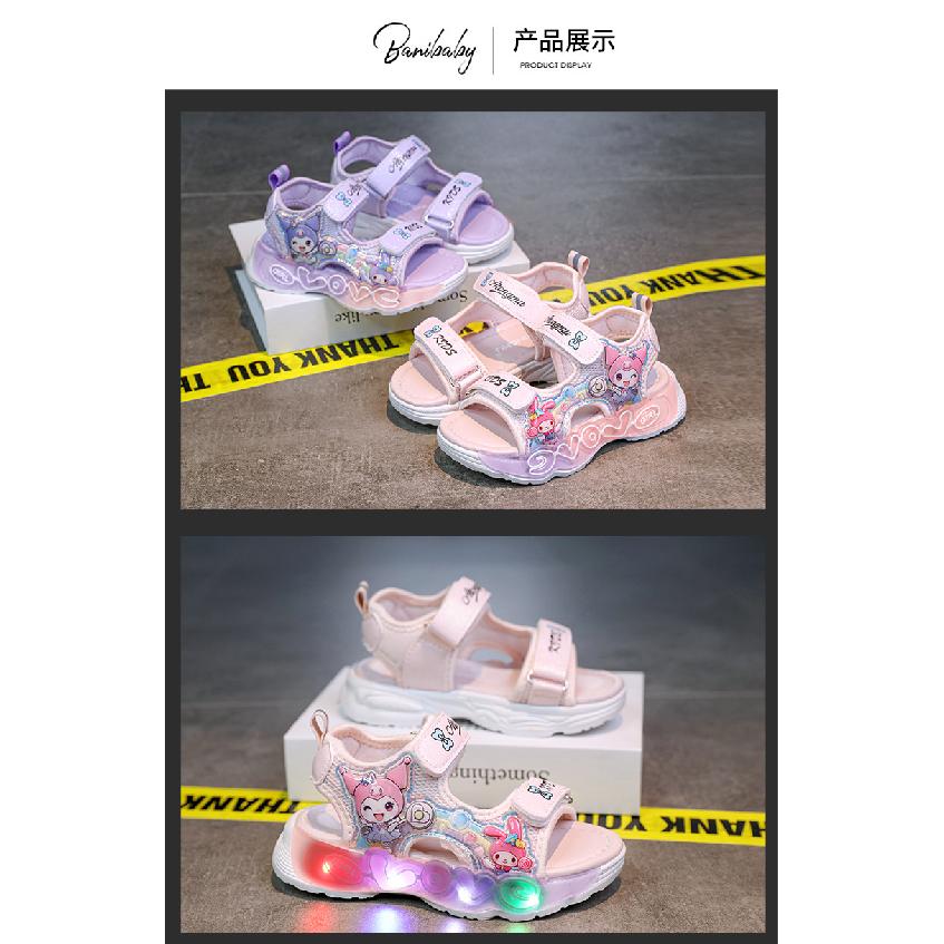 Summer New Girls' My Melody Princess Sandals Children's Kuromi Velcro Glowing Student Beach Shoes
