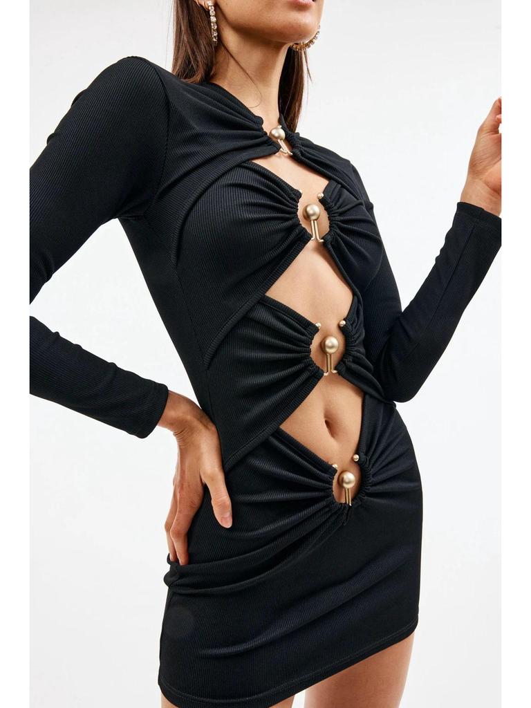 2023 Evropský a Americký Styl Dutý Design Crop Top Obvazové Šaty - Dlouhý Rukáv Bodycon Večerní Šaty pro Ženy