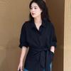 Women's Solid Color Shirt Female Strap Turn-Down Collar Long Sleeves Blouse New Korean Style Versatile Loose Lady Top