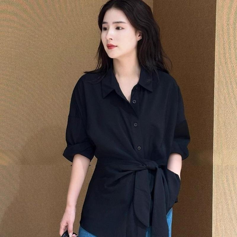 Women's Solid Color Shirt Female Strap Turn-Down Collar Long Sleeves Blouse New Korean Style Versatile Loose Lady Top