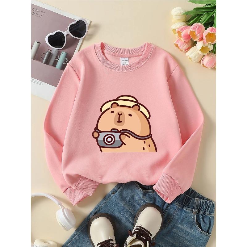 European Sizes Girls' Crewneck Sweatshirt - Cute Bear with Camera Hat, Sportswear And Casual Wear, Soft And Comfortable