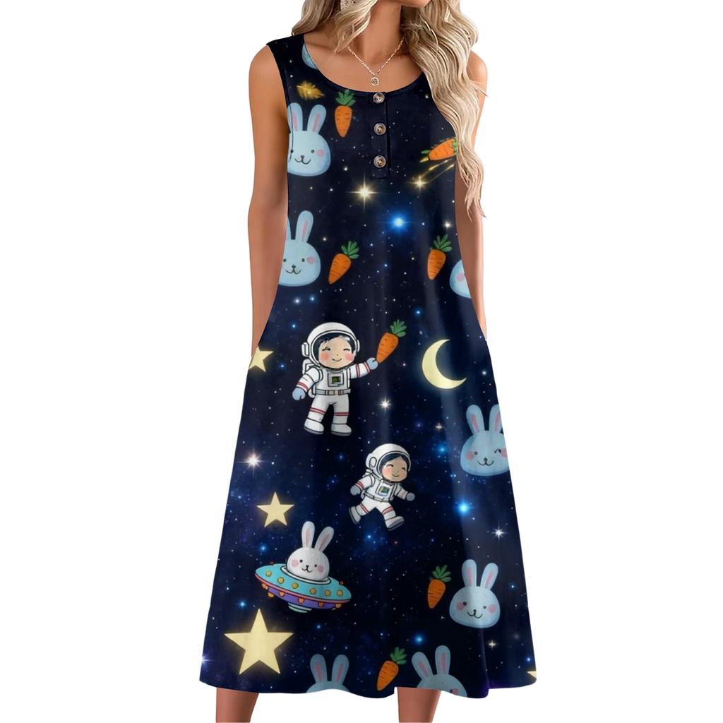 Dámské módní ležérní bezrukávové knoflíkové velikonoční potisk šaty s kapsou